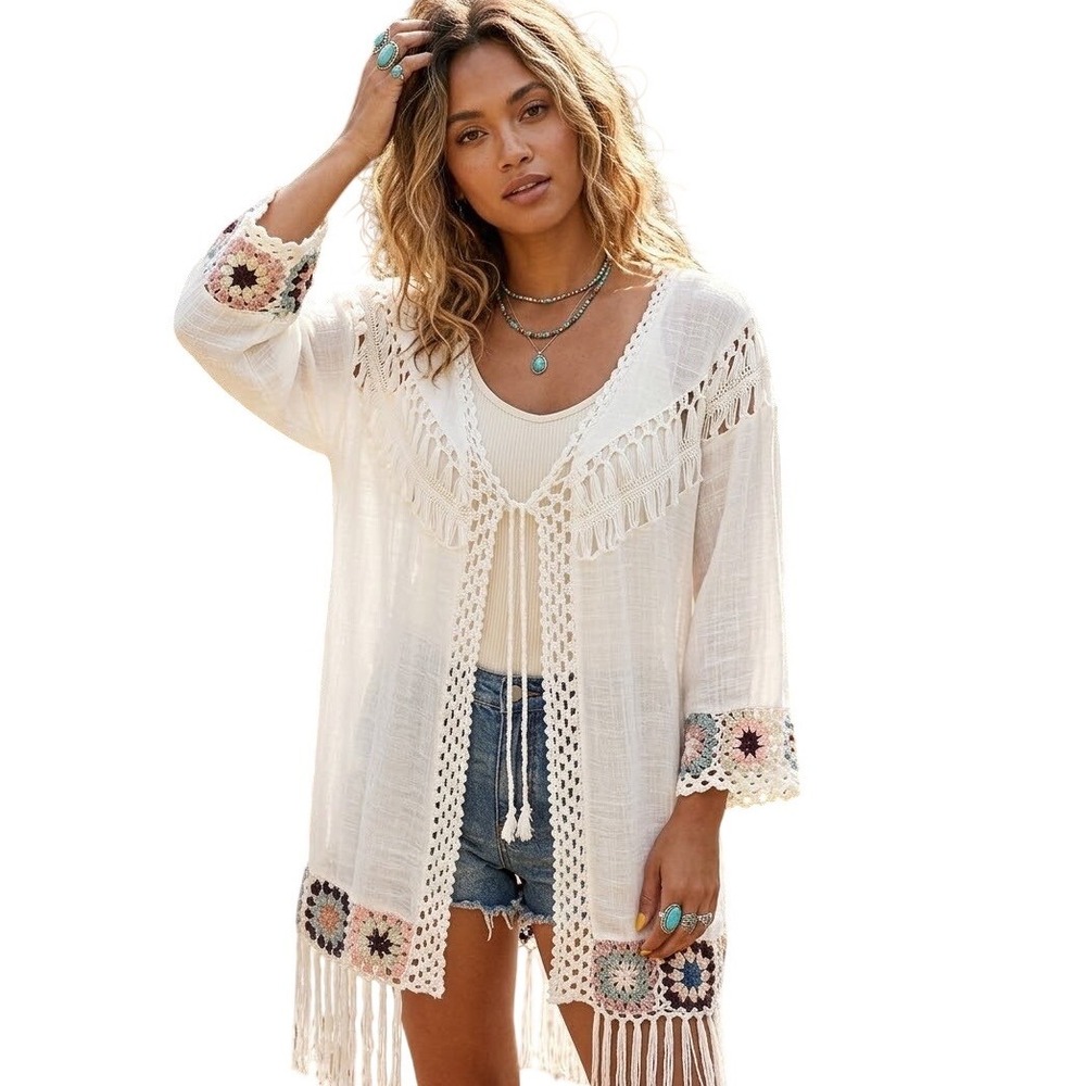 RAIN Gauze Kimono Cardigan Cover Up M White Boho Crochet Granny Square Fringe